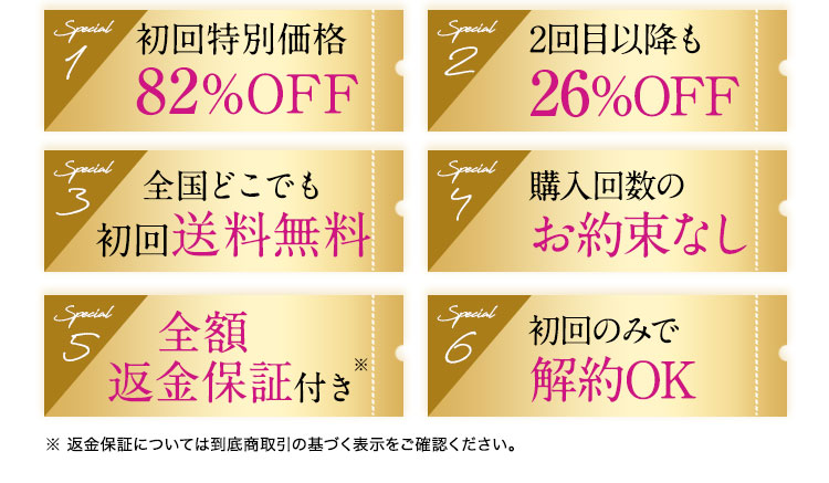 special1:初回特別価格82%OFF special2:2回目以降も26%OFF special3:全国どこでも初回送料無料 special4:購入回数のお約束なし special5:全額返金保証付き special6:初回のみで解約OK