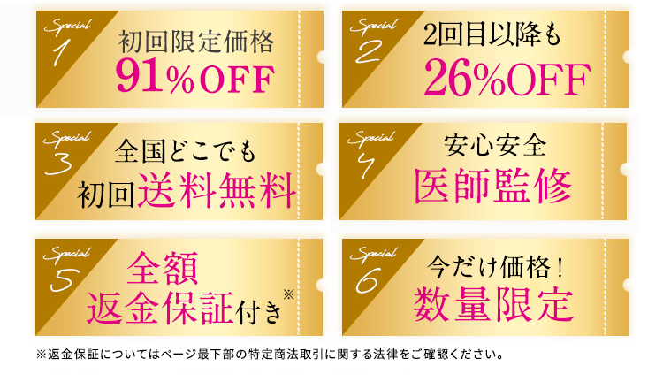 special1:初回特別価格82%OFF special2:2回目以降も26%OFF special3:全国どこでも初回送料無料 special4:購入回数のお約束なし special5:全額返金保証付き special6:初回のみで解約OK